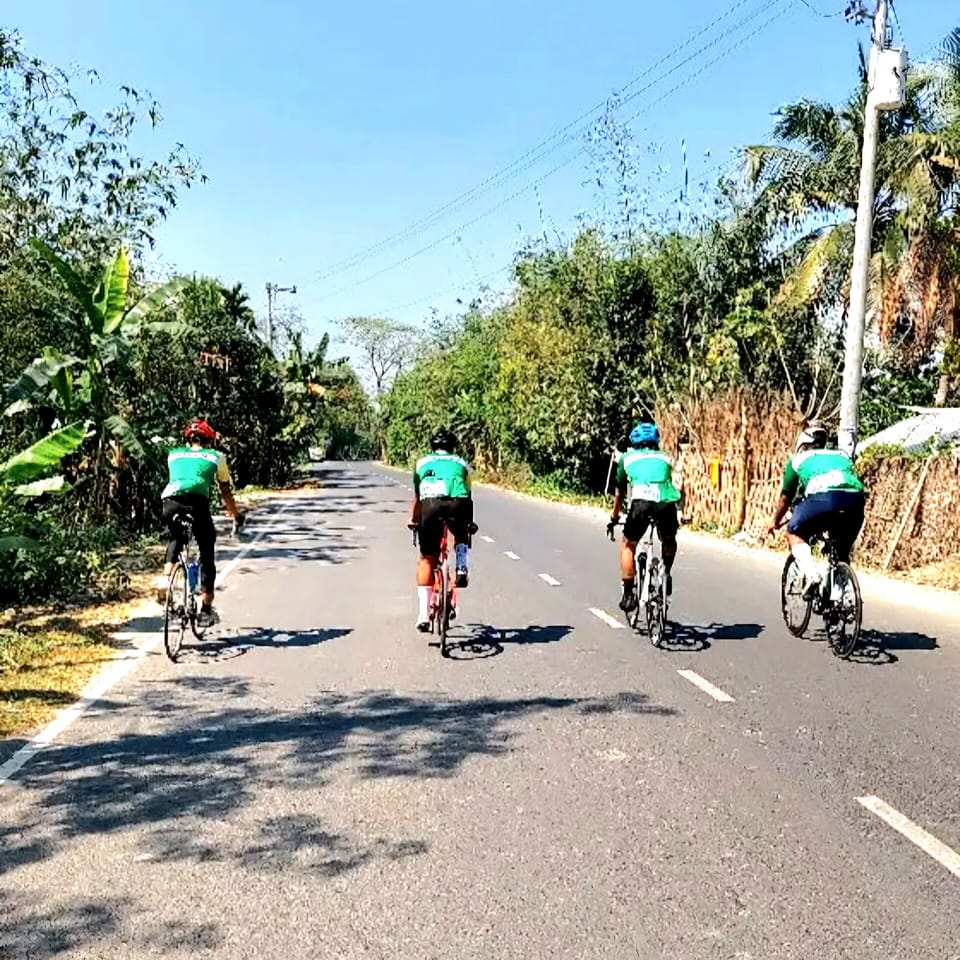 Four cyclists in matching kit riding in a line along a quiet tree-lined road