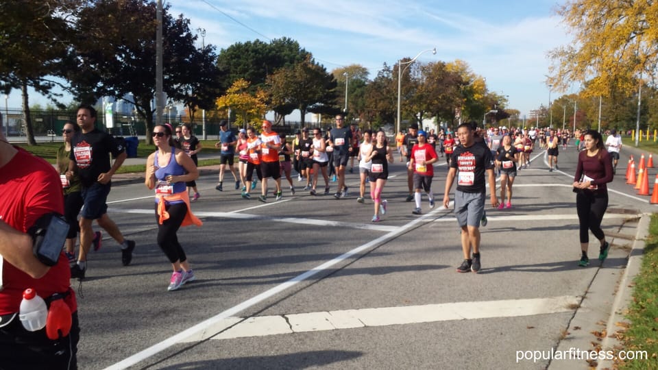 Mass-participation runners on a wide, sunny road lined with autumn trees