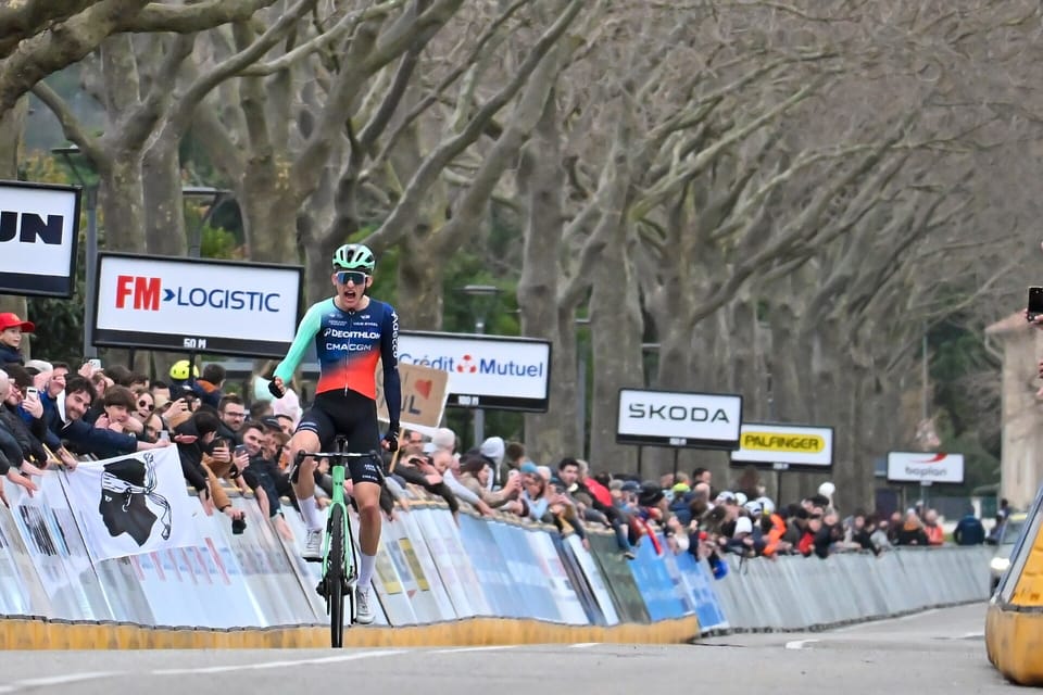 Paul Seixas riding alone towards the finish line between crowds at the 2026 Faun-Ardèche Classic