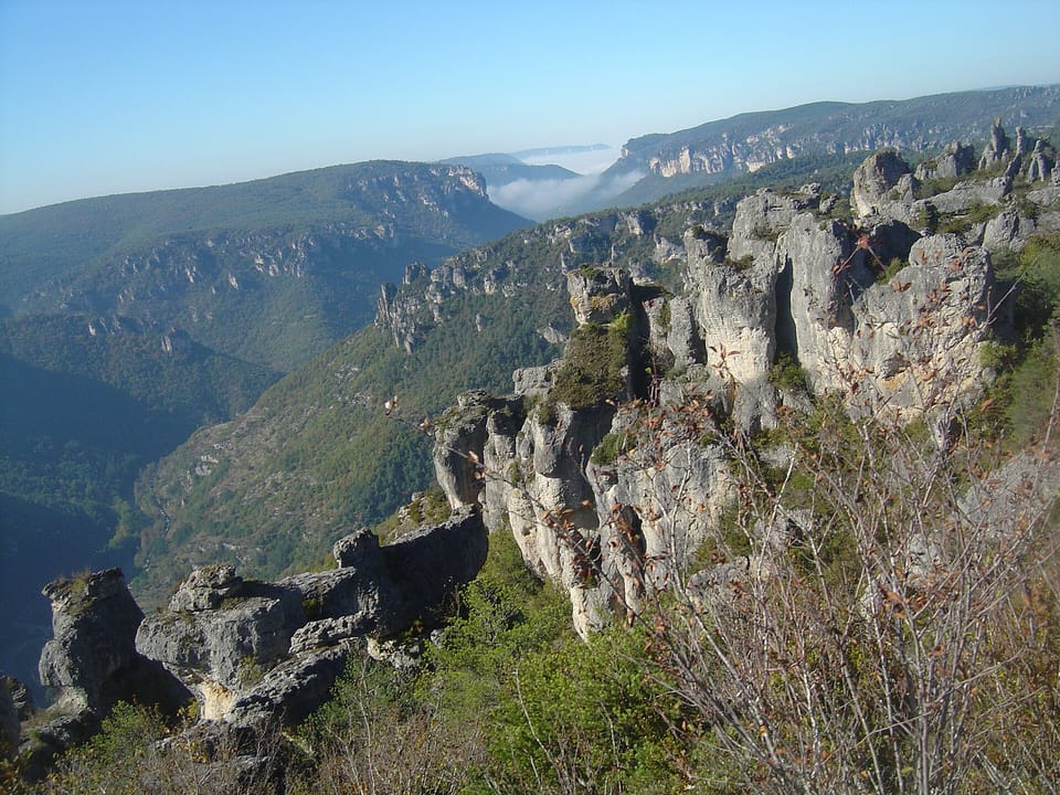 Limestone rock towers on a cliff edge above a deep wooded gorge under a blue sky