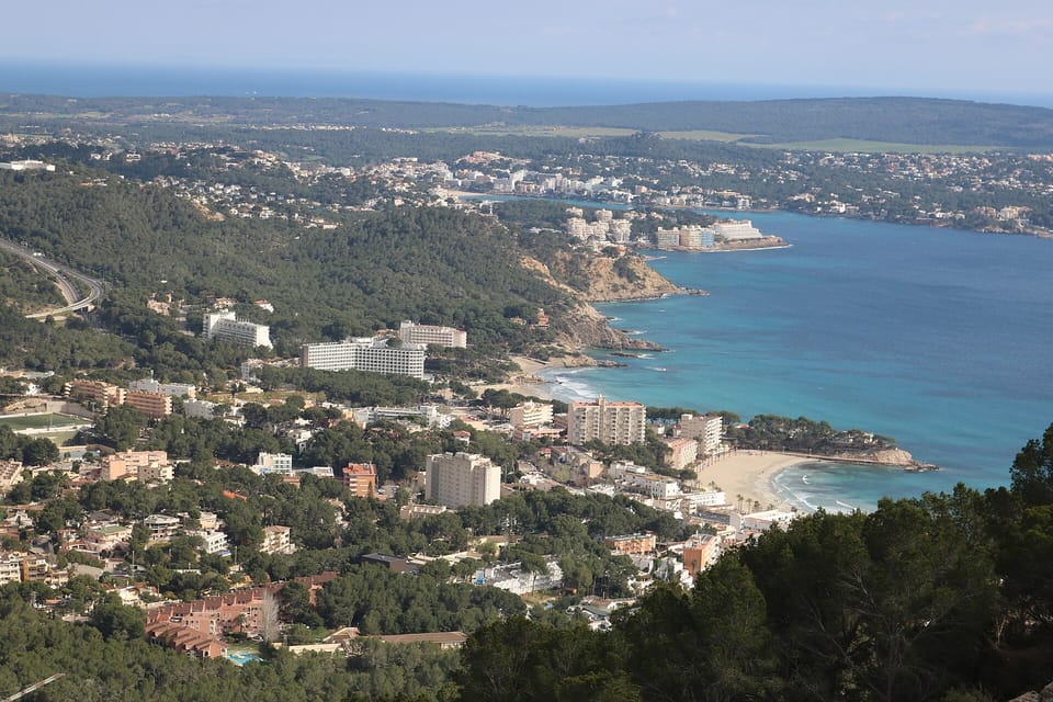 View from a hillside over the resort town of Peguera and its bay on the south-west coast of Mallorca